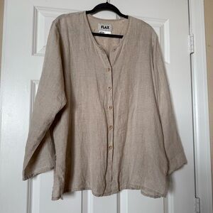 Flax Linen Beige Button Up Shirt Blouse Lagenlook Size Medium
